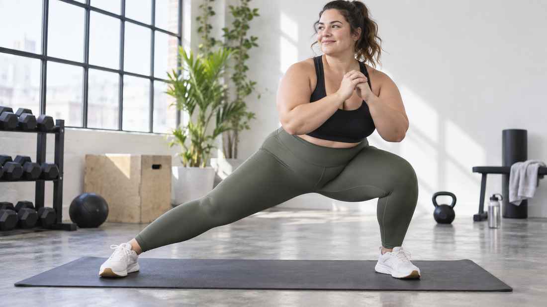 Plus-size woman training in opaque high-waisted leggings