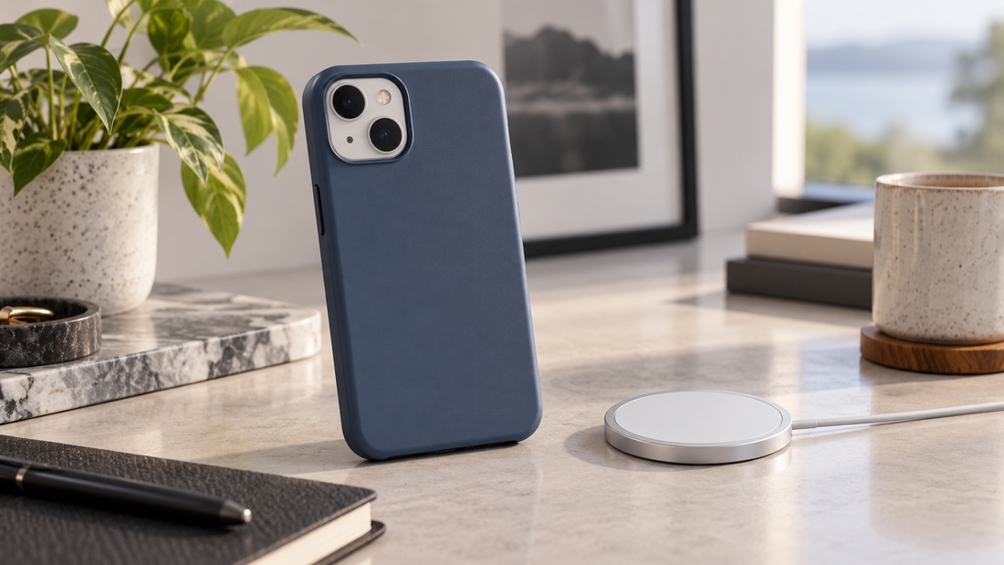 Protective iPhone 13-style phone case beside a magnetic wireless charger