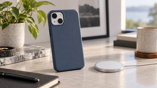 Protective iPhone 13-style phone case beside a magnetic wireless charger