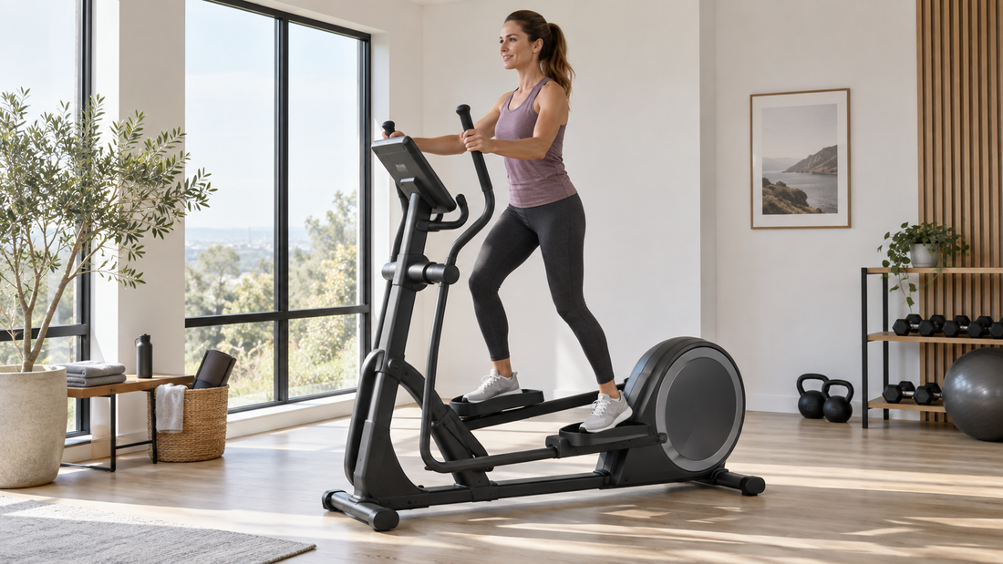 Adult exercising on a modern elliptical trainer in a bright home gym