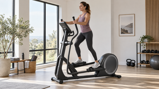 Adult exercising on a modern elliptical trainer in a bright home gym