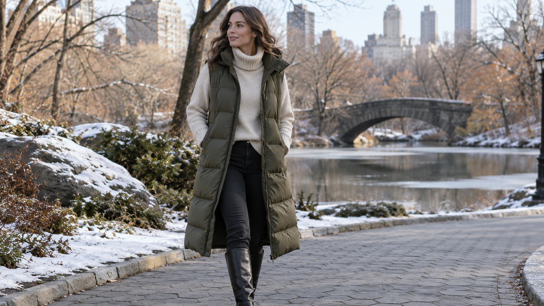 Adult woman wearing a long quilted puffer vest in a winter city park