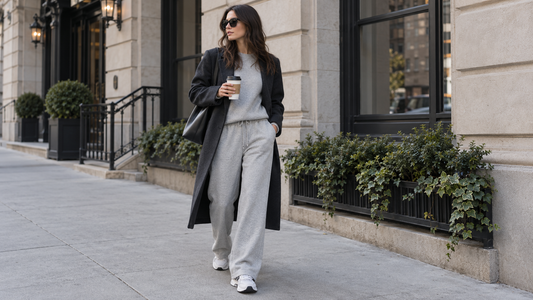 Adult woman styling straight-leg grey sweatpants with a dark coat and sneakers