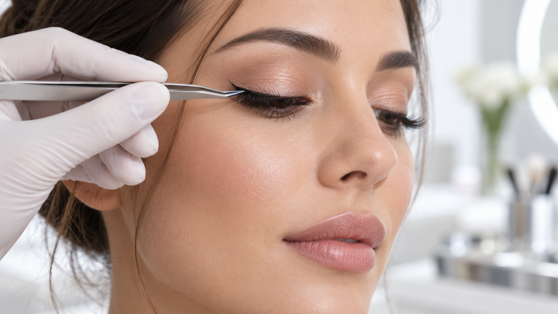 Close-up of natural-looking false eyelashes being carefully applied in a beauty studio