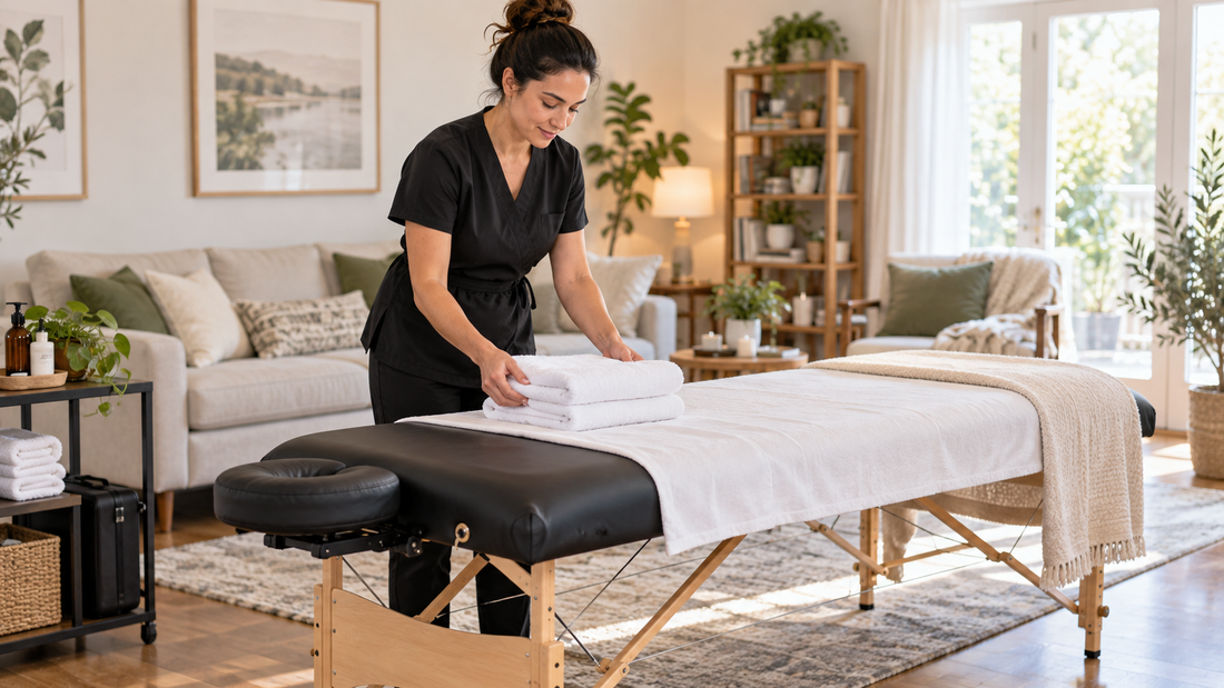 Massage therapist preparing clean towels on a portable table for an at-home appointment