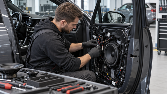 Technician installing car audio speakers and wiring inside a clean workshop