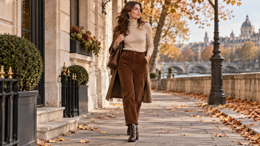 Adult woman wearing brown corduroy pants with visible ribbed texture in an autumn setting