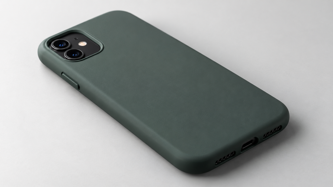 Matte green protective phone case designed for an iPhone 11-style dual-camera device