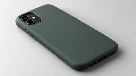 Matte green protective phone case designed for an iPhone 11-style dual-camera device
