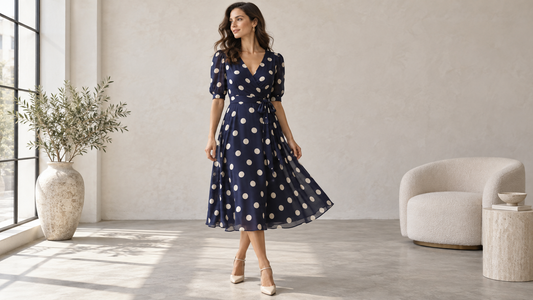 Woman wearing a navy polka dot midi dress in a sunlit neutral studio
