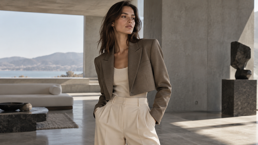 Woman wearing a tailored cropped brown jacket with cream trousers