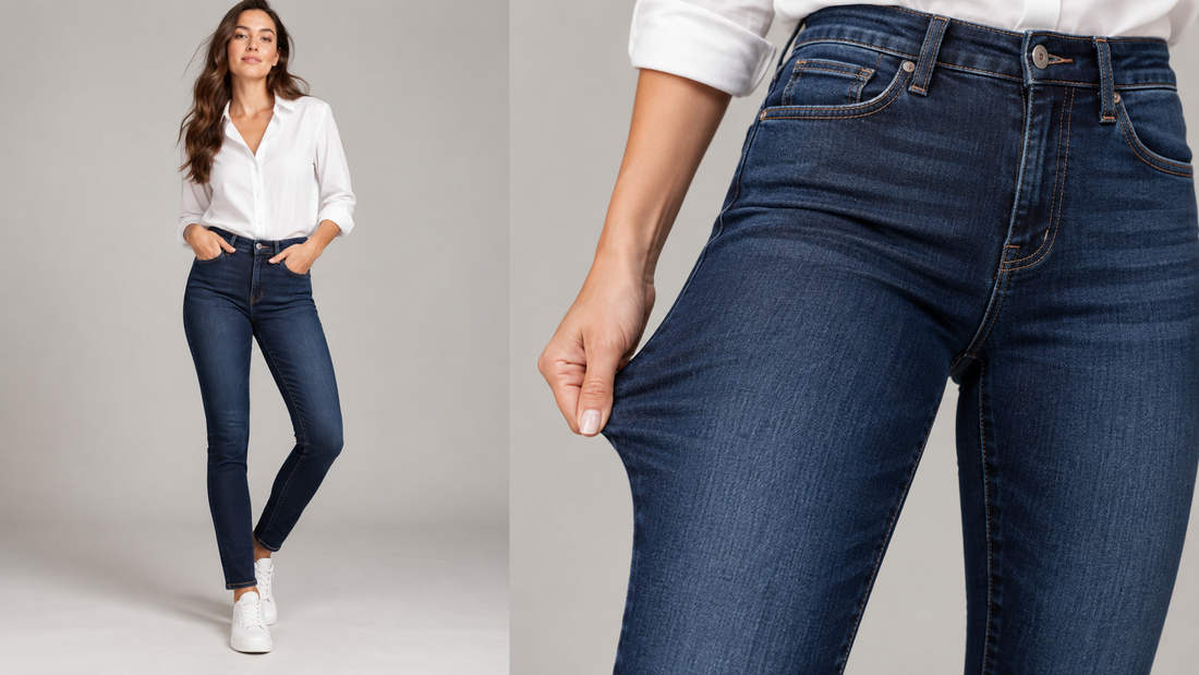 Woman demonstrating the fit and stretch of dark blue jeans