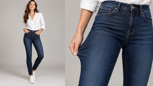 Woman demonstrating the fit and stretch of dark blue jeans