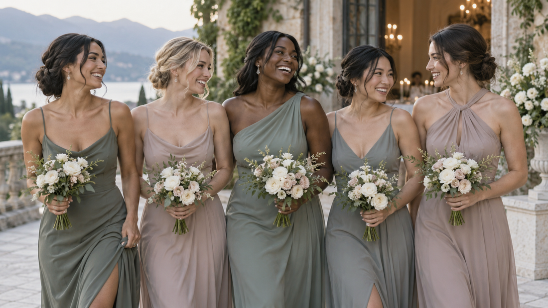 Group of bridesmaids wearing coordinated muted dresses
