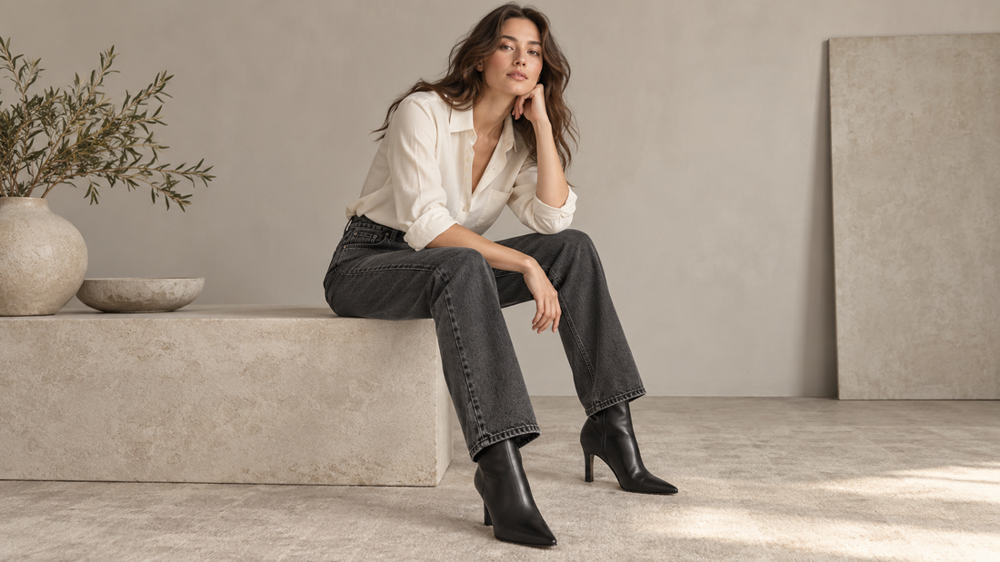 Woman wearing charcoal grey jeans with a cream shirt in a neutral studio