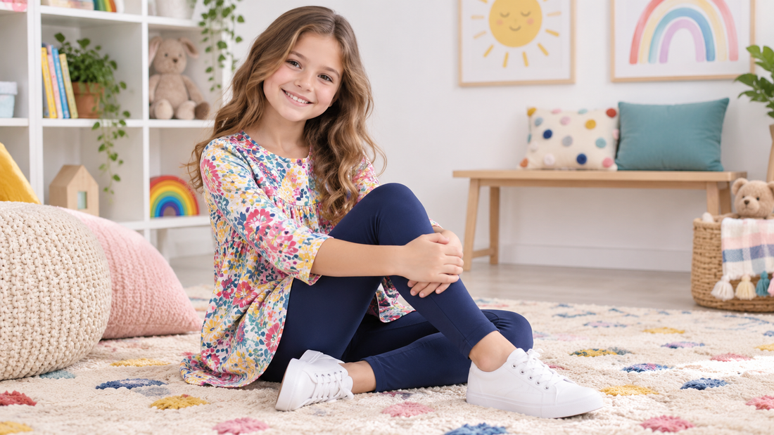 School-age girl wearing navy leggings with a colorful tunic