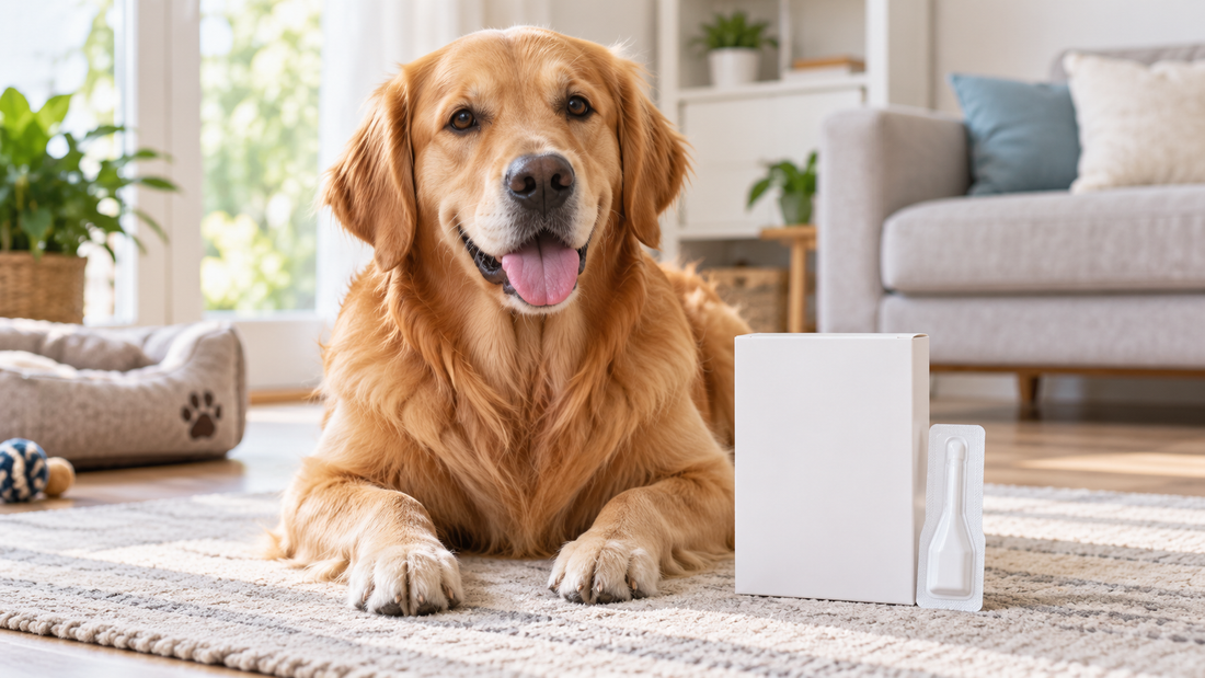 Dog beside an unbranded flea medication package in a bright home setting