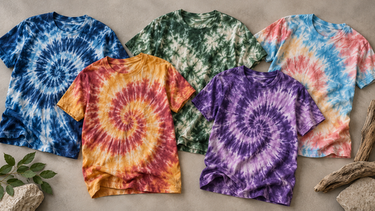 Colorful tie-dye shirts arranged on a neutral studio surface