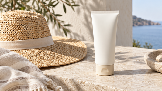 Unbranded face sunscreen beside a sun hat in natural light