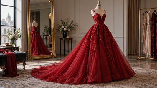 Elegant red prom dress displayed in a formal fitting room