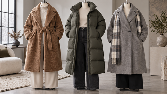 Selection of plus size winter coats on mannequins in a modern studio
