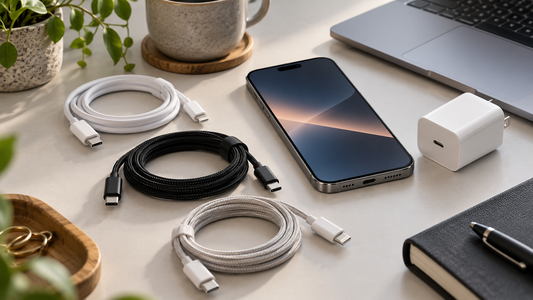 iPhone charger cables and adapter arranged on a clean desk