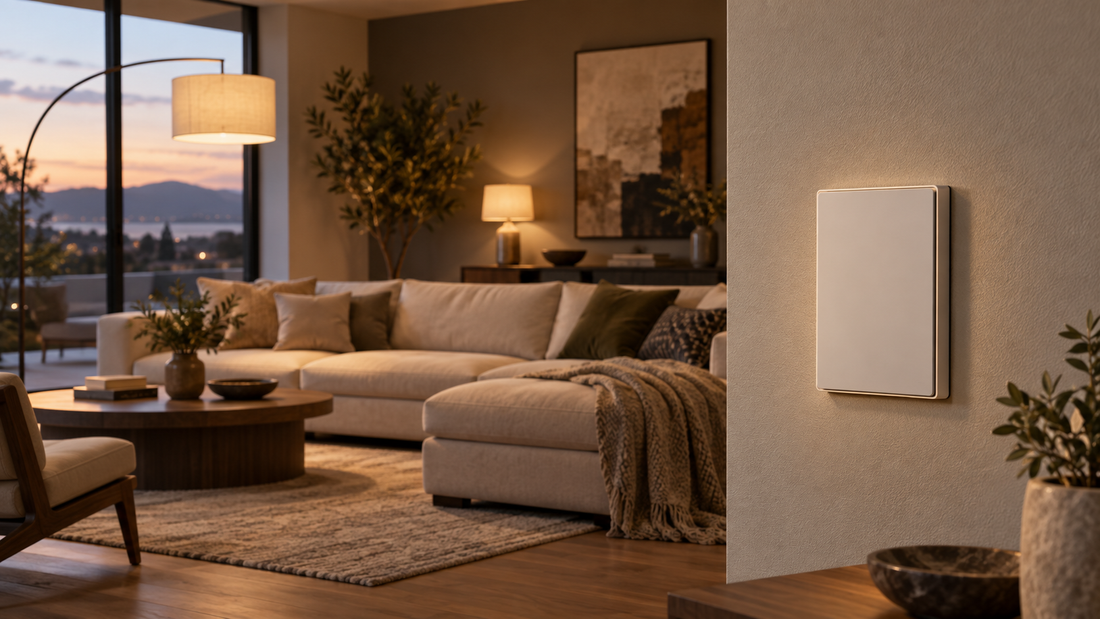Smart light switch installed in a warm modern living room