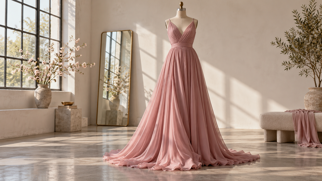 Pink maxi dress displayed in a softly lit fashion studio