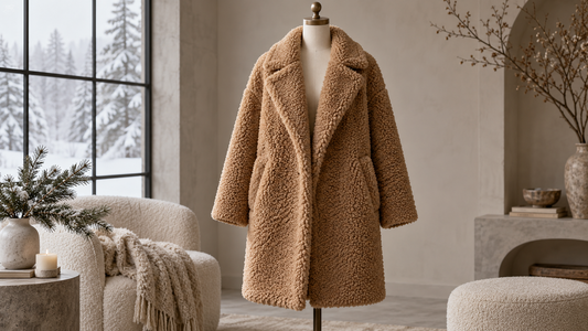 Plush teddy bear coat displayed in a cozy winter interior