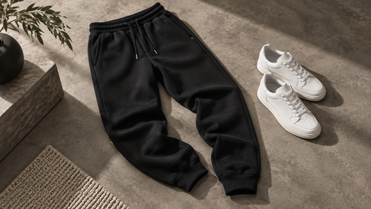 Black sweatpants and white sneakers arranged in a minimalist studio