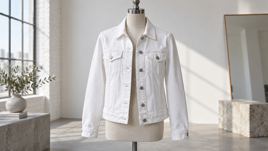 White jean jacket displayed on a mannequin in a bright fashion studio