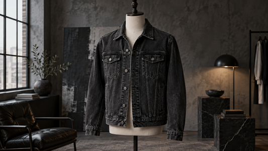 Black jean jacket displayed on a mannequin in a dark studio