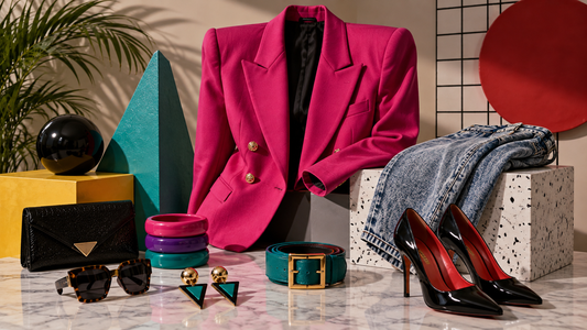 1980s fashion styling with bright tailoring denim and accessories