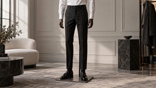 Black dress pants styled on a mannequin in a formal interior