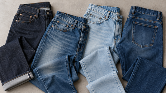 Men's jeans in several blue denim washes arranged together
