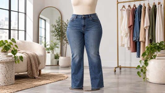 Curvy-fit jeans displayed on a mannequin in a bright dressing space