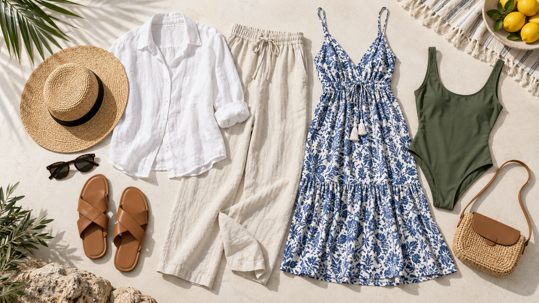 Vacation outfits arranged as a coordinated warm-weather travel capsule
