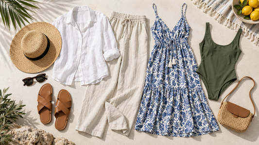 Vacation outfits arranged as a coordinated warm-weather travel capsule