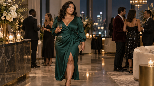 Inclusive-size woman in an elegant jewel-tone party dress at a refined evening event