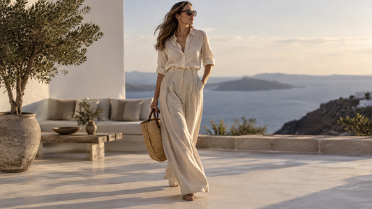 Woman wearing flowing wide-leg pants at a sunlit coastal terrace