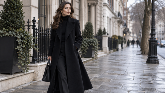 Woman wearing a timeless long black coat on a winter city street