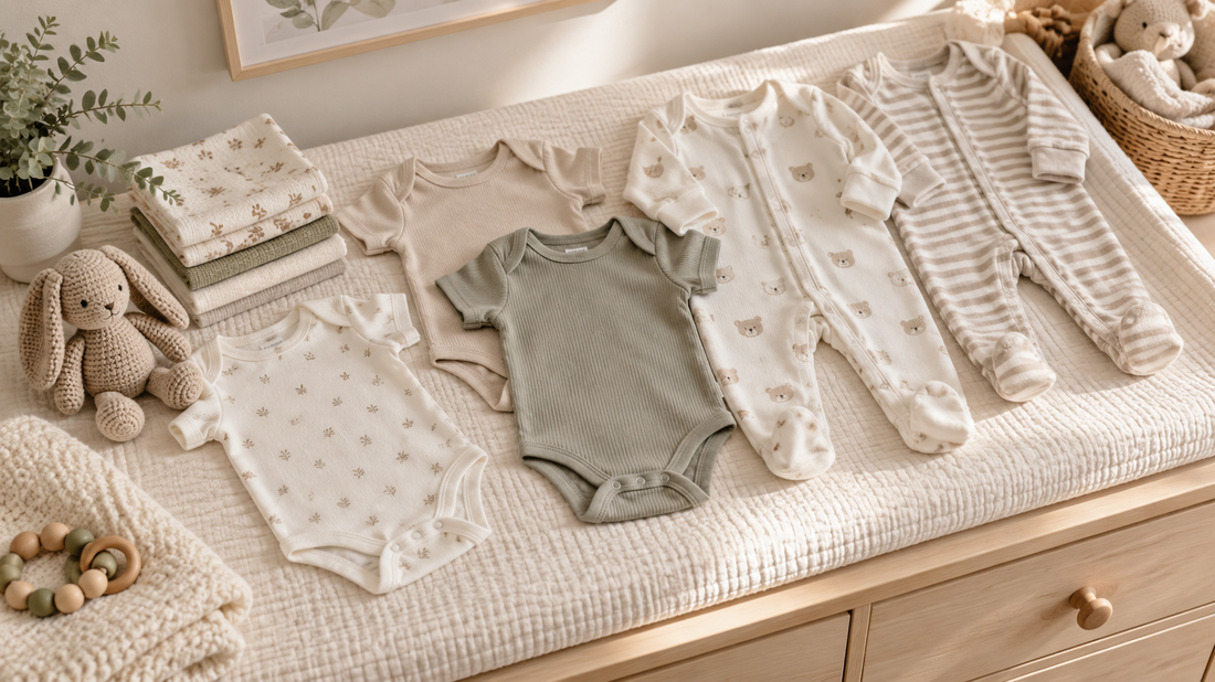 Neutral newborn baby clothes arranged on a clean nursery changing surface