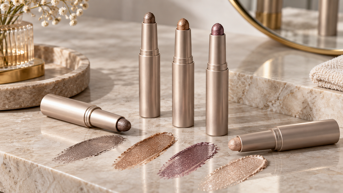 Unbranded eyeshadow sticks and shimmer swatches on a stone vanity