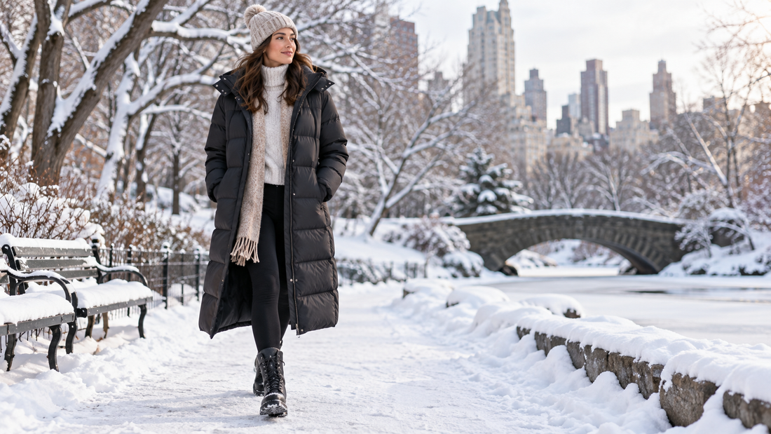 Woman wearing a long black puffer jacket while walking through a snowy city park
