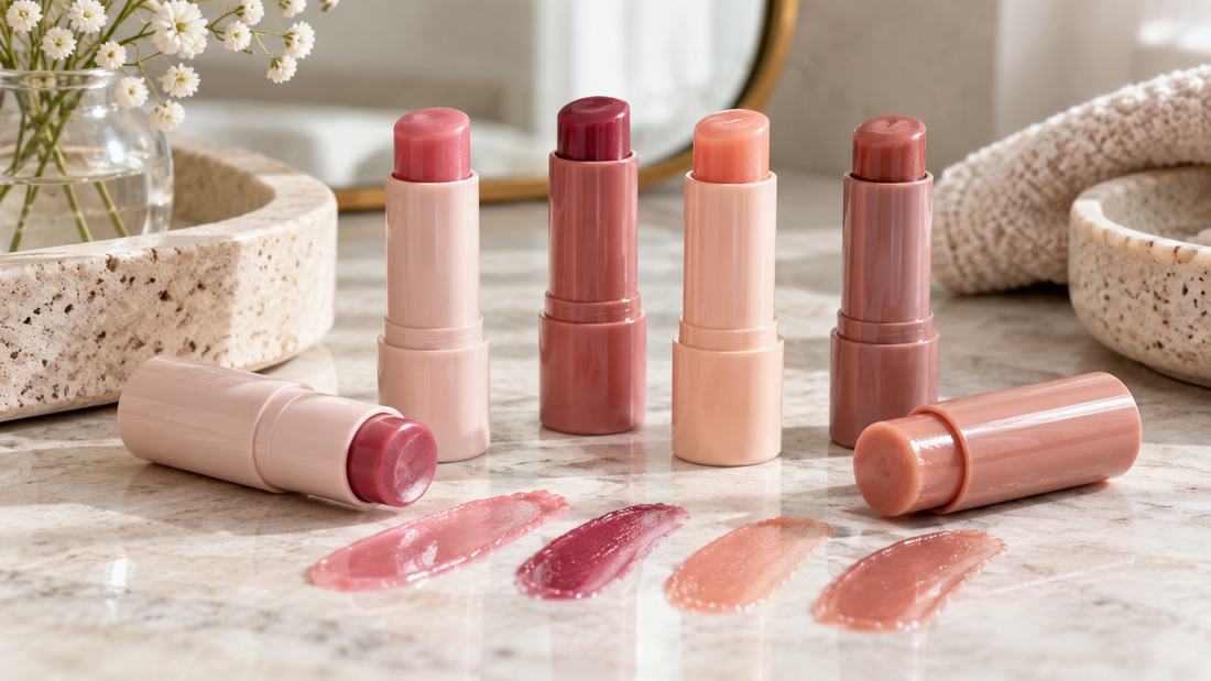 Unbranded tinted lip balms in varied pink and neutral shades on a stone vanity
