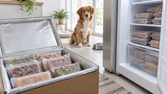 Frozen raw dog food delivery packages beside an insulated box and household freezer