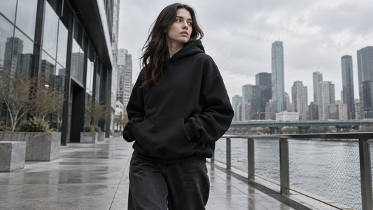 Woman wearing an unbranded black hoodie on a modern waterfront promenade