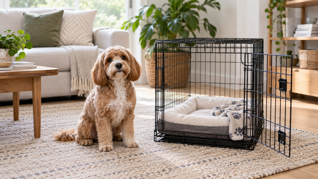 Small dog sitting beside a properly sized wire crate with comfortable bedding