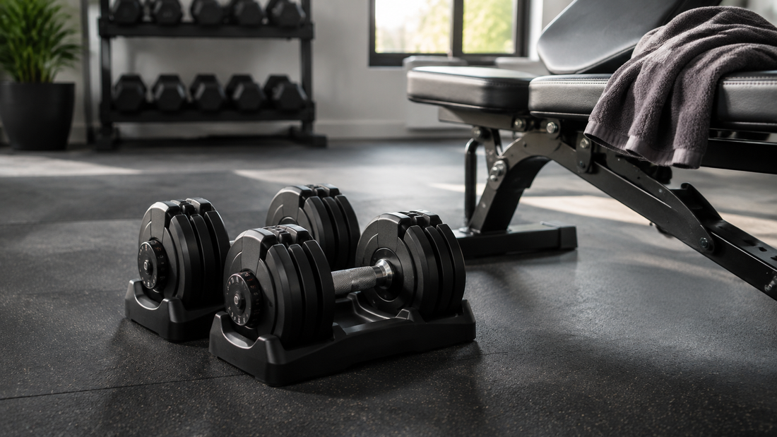 Adjustable dumbbells in a clean modern home gym