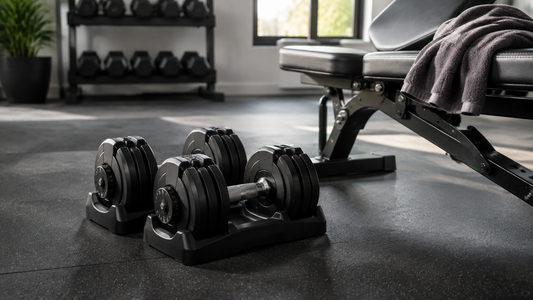 Adjustable dumbbells in a clean modern home gym
